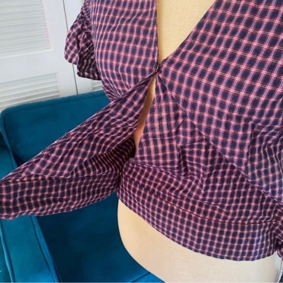 Flutter Sleeve Side Tie Wrap Top Plaid Small New Cotton Smocked Fall - Picture 6 of 6